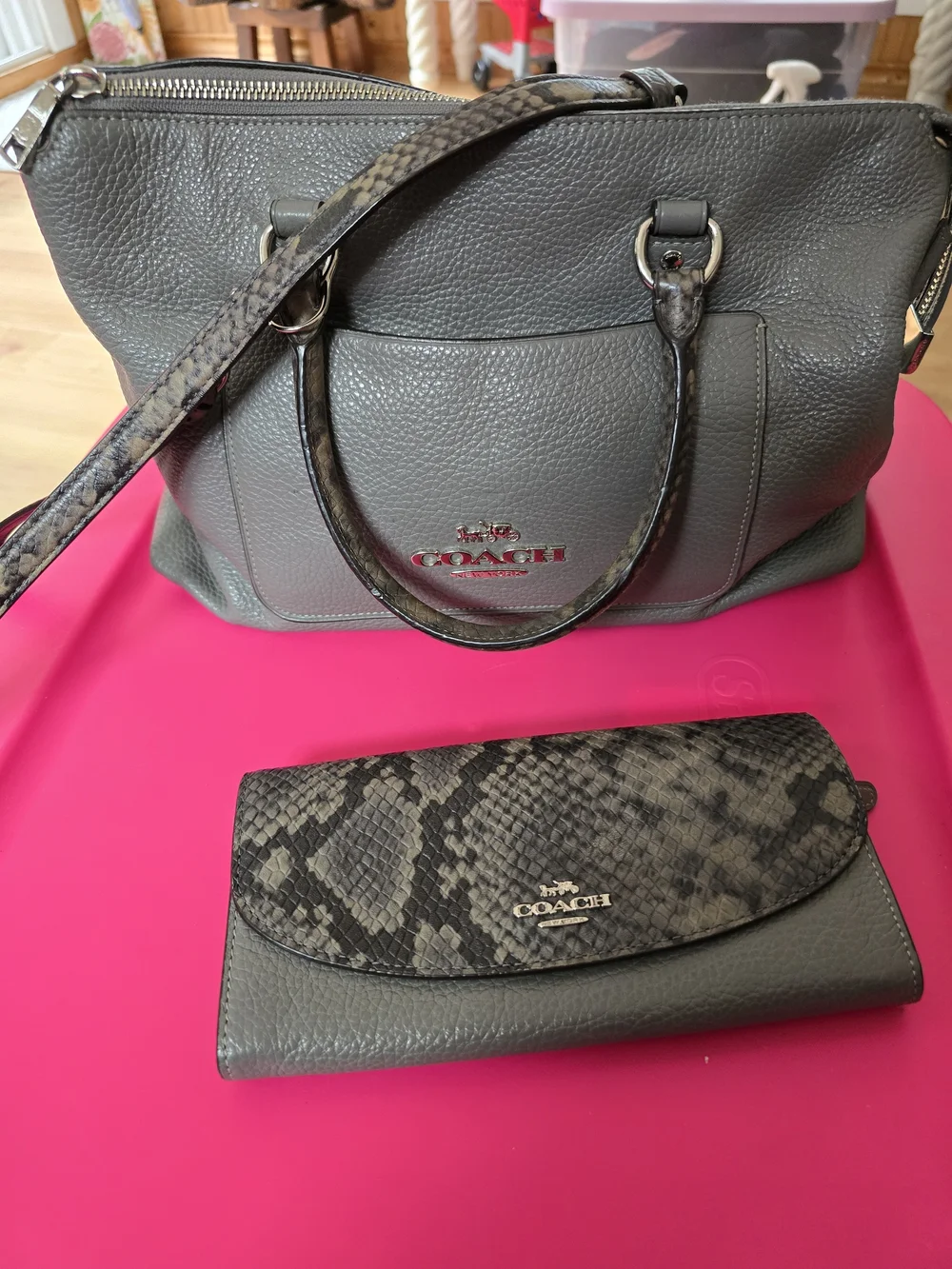 Coach Granite Grey Pebbled Leather Emma Satchel Bag & Matching Wallet Set